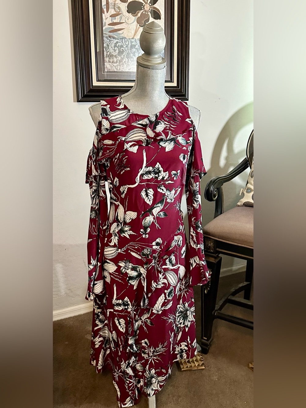 Parker Asymmetric Cold Shoulder Silk Floral Midi Dress w Diagonal Ruffling ZB2